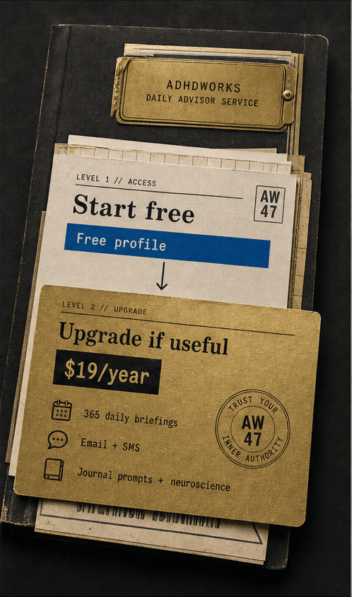 Premium service ladder sheet explaining start free, free profile, optional nineteen dollar yearly upgrade, 365 briefings, email and SMS, journal prompts and neuroscience