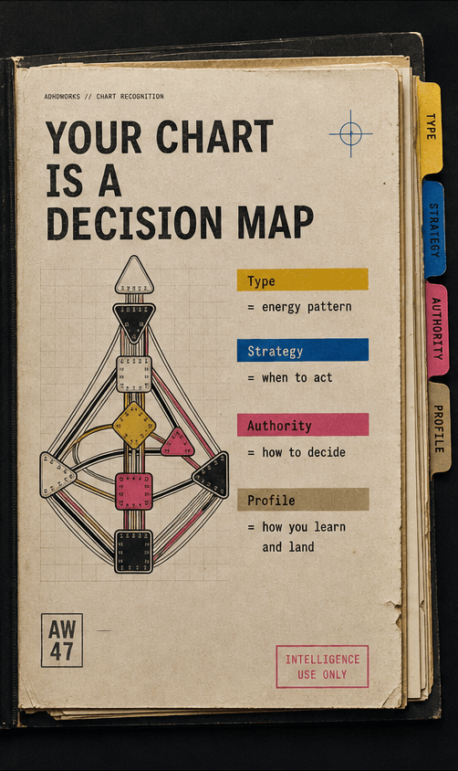 Human Design decision map card showing Type, Strategy, Authority, and Profile